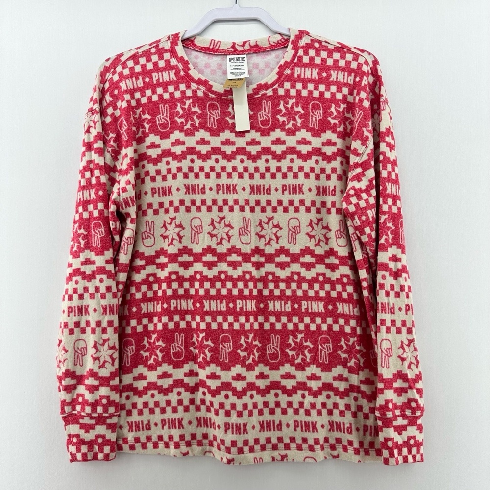 Victoria's Secret PINK Pajama Set Women's Small Red Fair Isle Top & Jogger Pants